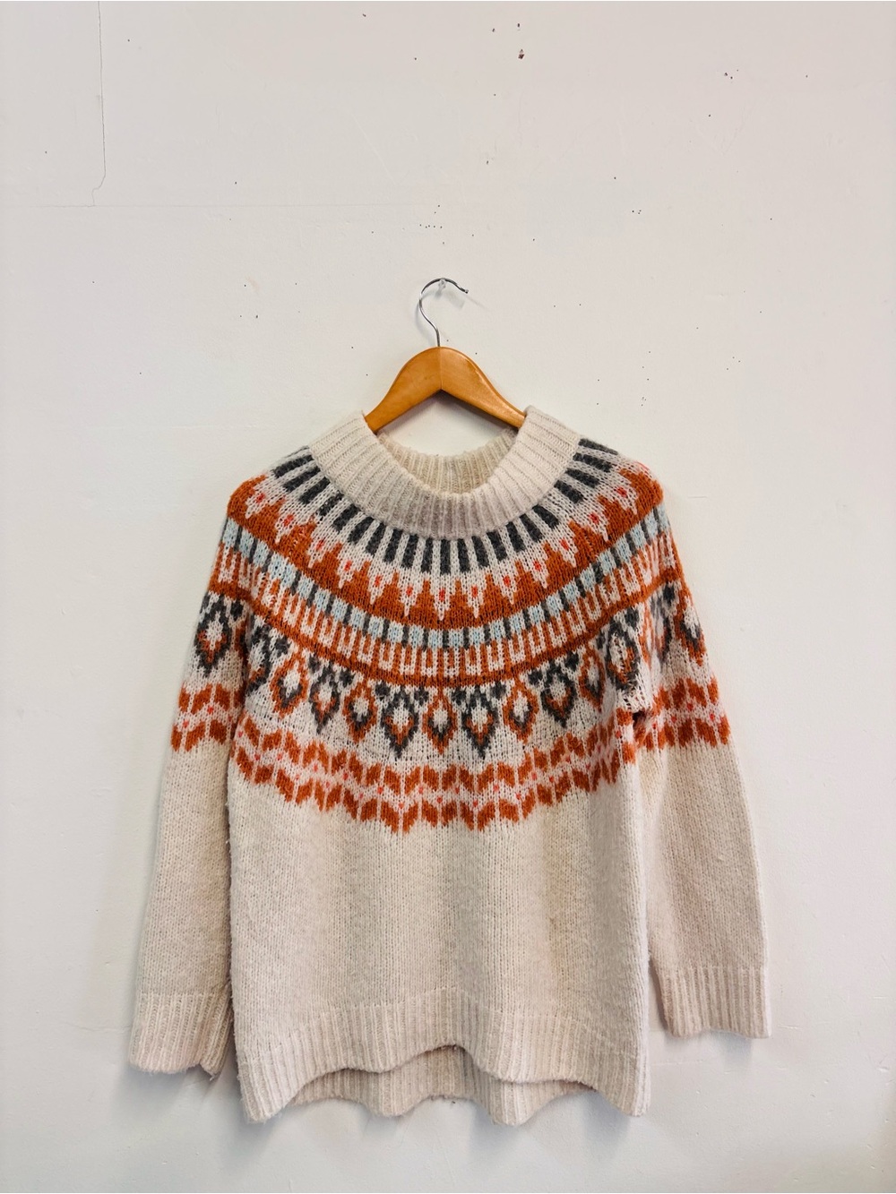 aerie Cream Fair Isle Crewneck Sweater with Rust and Gray Accents